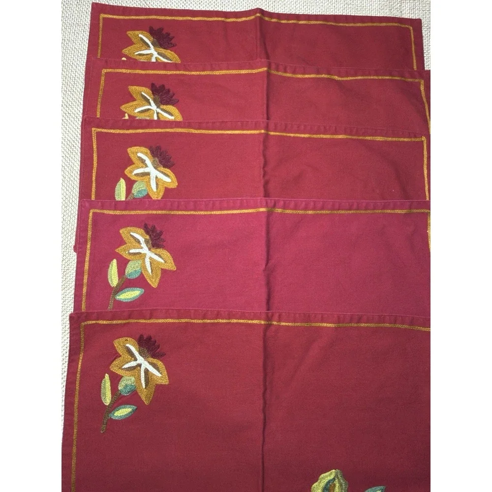 Williams Sonoma Orchard Crewel Napkin Placemat Set‎ Red Floral Embroidered Lot